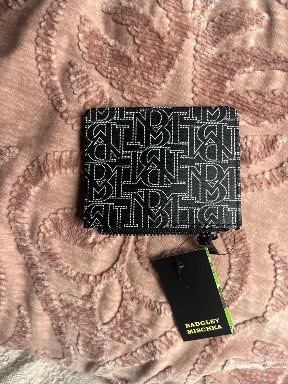 Badgley Mischka Black and White Logo Zip Card Holder